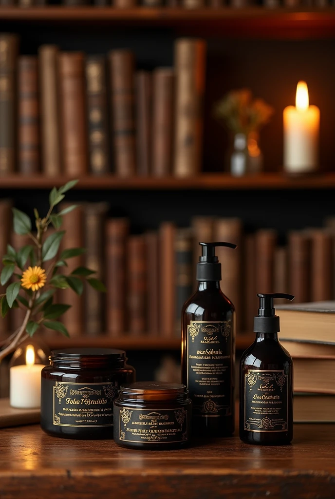 Skin care products with minimalist dark academy vintage aesthetic packaging in dark brown color