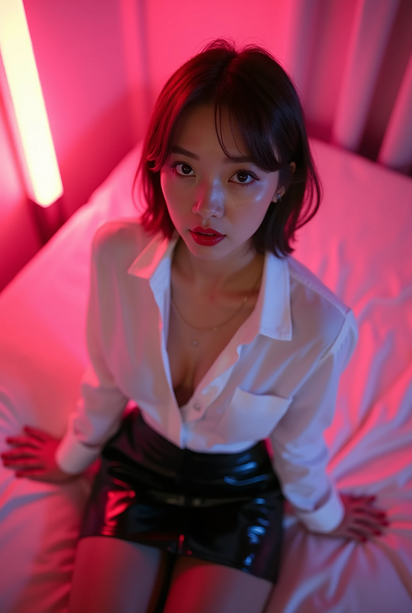 ((Taiwanese sexy idol)) 35 talents ((Plump, bright red lips with lipstick)) round face Heavy makeup Big Breasts Plump Brown hair short hair ((Looking into the camera)) Sit with your legs apart ((White button-up shirt with black patent leather tight skirt and black stockings)) Skin and chest drenched in sweat (Sit on the futon with your legs spread open.) look down ((A bedroom with shoji and tatami mats lit up in pink neon lights)) Shooting from a camera angle seen from the floor