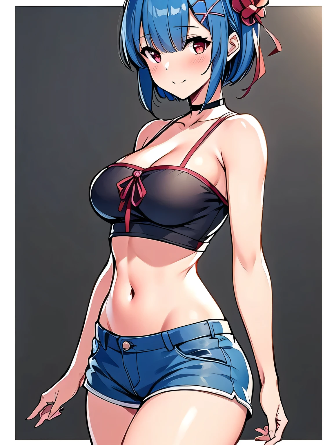 all realistic intricate details, masterpiece, best quality, highres, rem1, 1girl, solo, rem \(re:zero\), blue hair, short hair, red eyes, hair over one eye, ribbon trim, hair ribbon, x hair ornament, frills, crop top white, denim shorts,medium breasts, cleavage, sedection pose , hair flower, outdoor, standing, smile, perfect background, perfect light