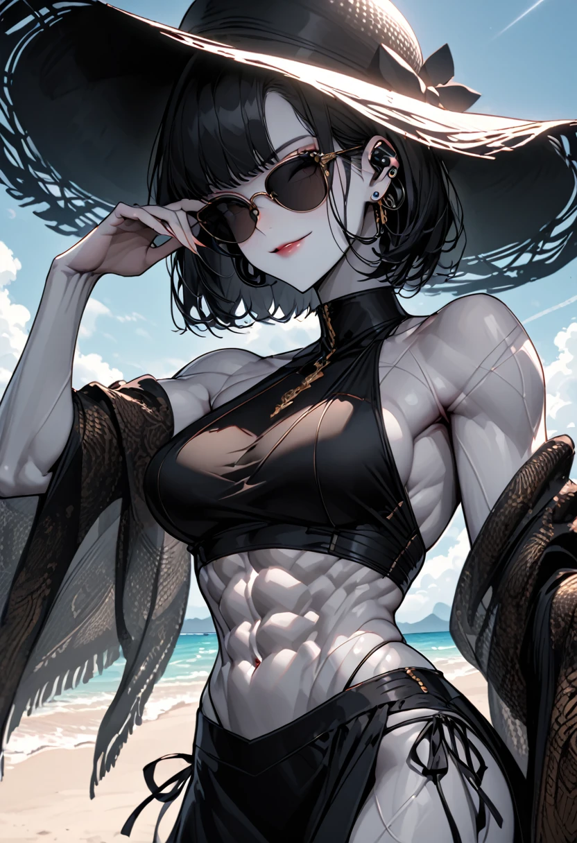 solo, female, tall, elegant, sunglasses, broad shoulders, pixie cut, black hair, pale skin, athletic, very tall, sober bikini, black clothes, small smile, luxurious beach, classy, professional, earpiece, muscular, cute pose, seams on skin, abs, shawl, sun hat, side-tie bikini skirt, pareo, pinup pose