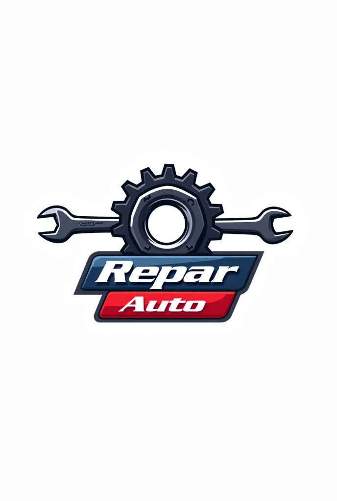 Haz un logo de un taller automotriz What tenga una tuerca en el centro con una corona arriba y 2 llaves allen en el centro, What.It is called ReparAuto with red repar and blue auto
