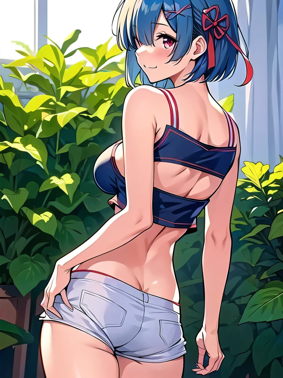 all realistic intricate details, masterpiece, best quality, highres, rem1, 1girl, solo, rem \(re:zero\), blue hair, short hair, red eyes, hair over one eye, ribbon trim, hair ribbon, x hair ornament, frills, crop top white, denim shorts,medium breasts, cleavage, sedection pose , hair flower, outdoor, standing, smile, perfect background, perfect light