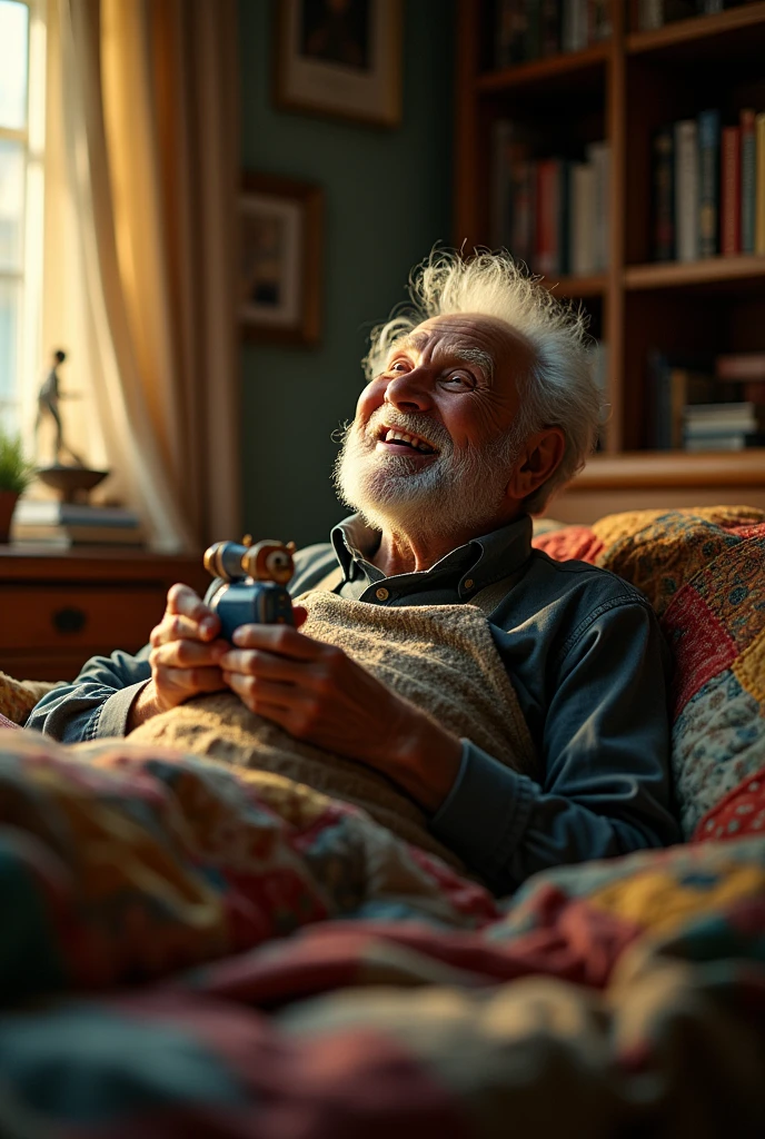 Please create a square image of an old man who is so excited he can't sleep.