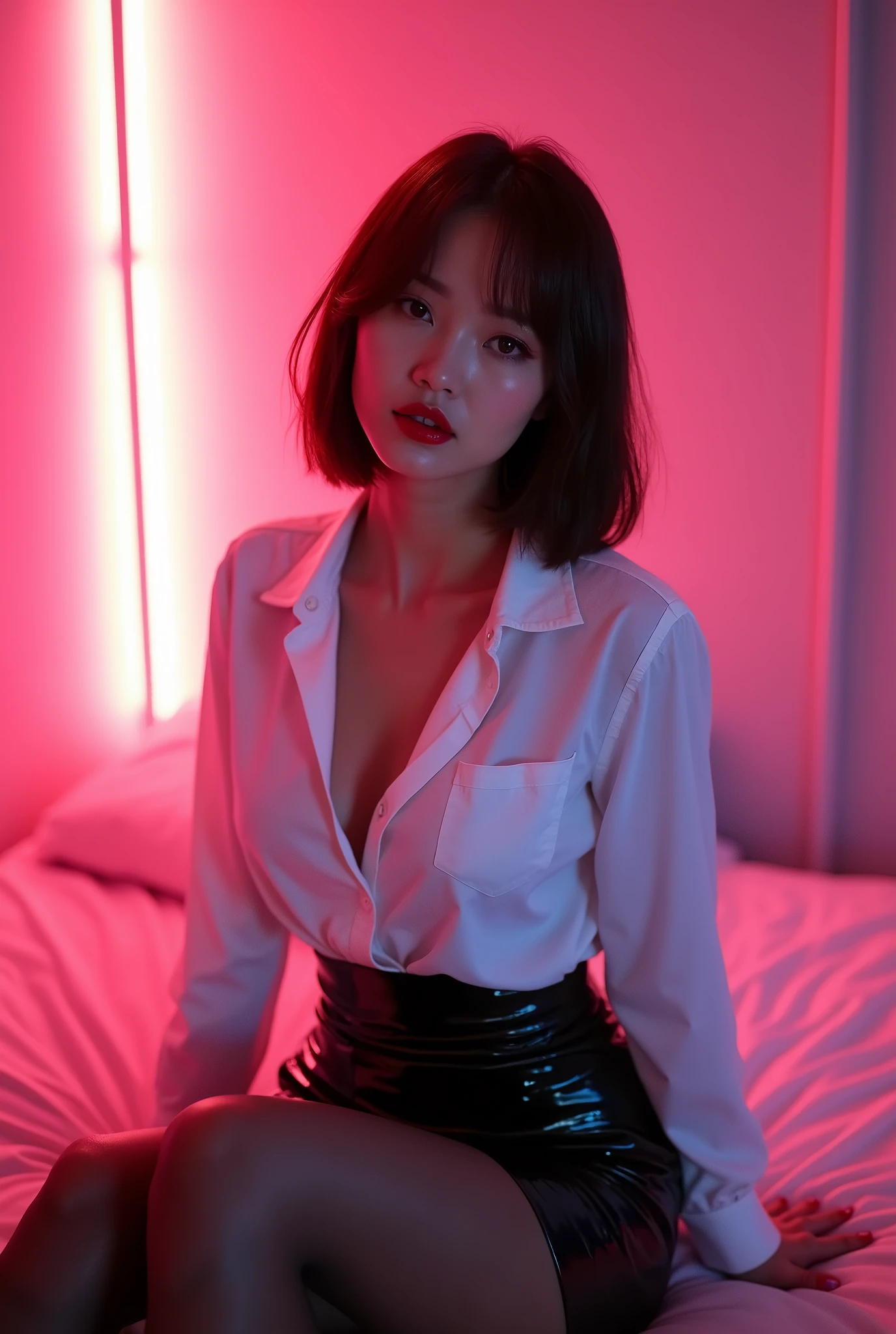 ((Taiwanese sexy idol))　35 talents　((Plump, bright red lips with lipstick))　round face　Heavy makeup　Big Breasts　Plump　Brown hair short hair　((Looking into the camera))　Sit with your legs apart　((White button-up shirt with black patent leather tight skirt and black stockings))　Skin and chest drenched in sweat　　(Sit on the futon with your legs spread open.)　look down　((A bedroom with shoji and tatami mats lit up in pink neon lights))　Shooting from a camera angle seen from the floor