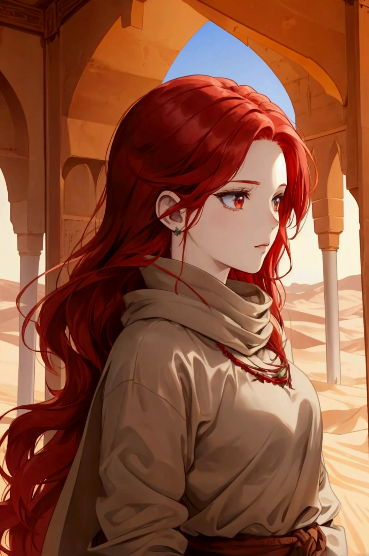 Red hair, Face Veiled, Desertngewänder, Arabic, Desert, Anime Style
