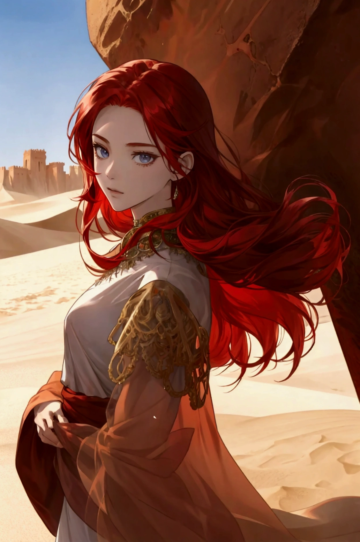Red hair, Face Veiled, Desertngewänder, Arabic, Desert, Anime Style