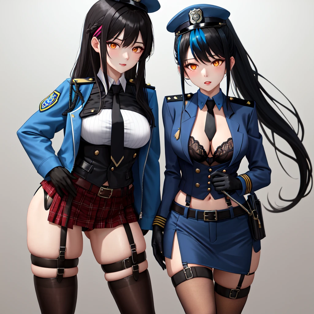 zhu yuan, orange eyes, black hair, long hair, streaked hair, ponytail, metal hairband, police uniform, blue jacket, cropped jacket, long sleeves, black vest, two-tone vest, black gloves, green necktie, plaid necktie, black thigh high stockings with garter belt, belt, thigh straps, holster, exposed cleavage, high heels