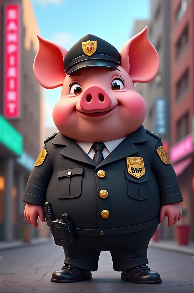 Make me a pig dressed as a security guard and wearing the initials BNP 