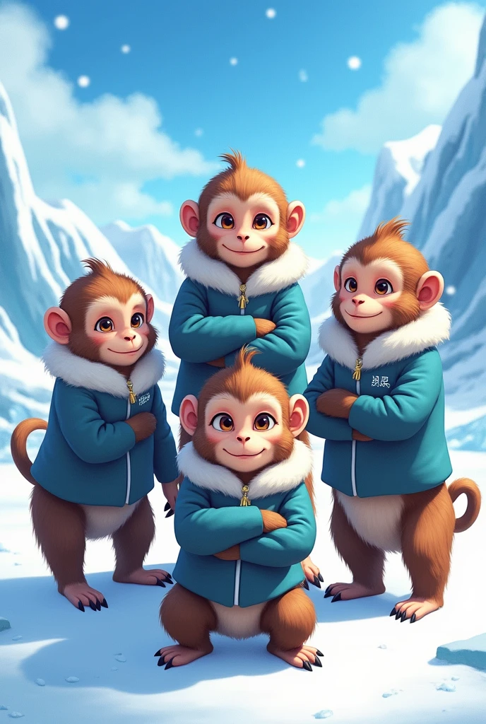 Make a picture of 4 female and 1 male monkeys. with brown fur and realistic anime design
Looking for the camera using cold suits, artic background. Each one doing different poses or different gestures