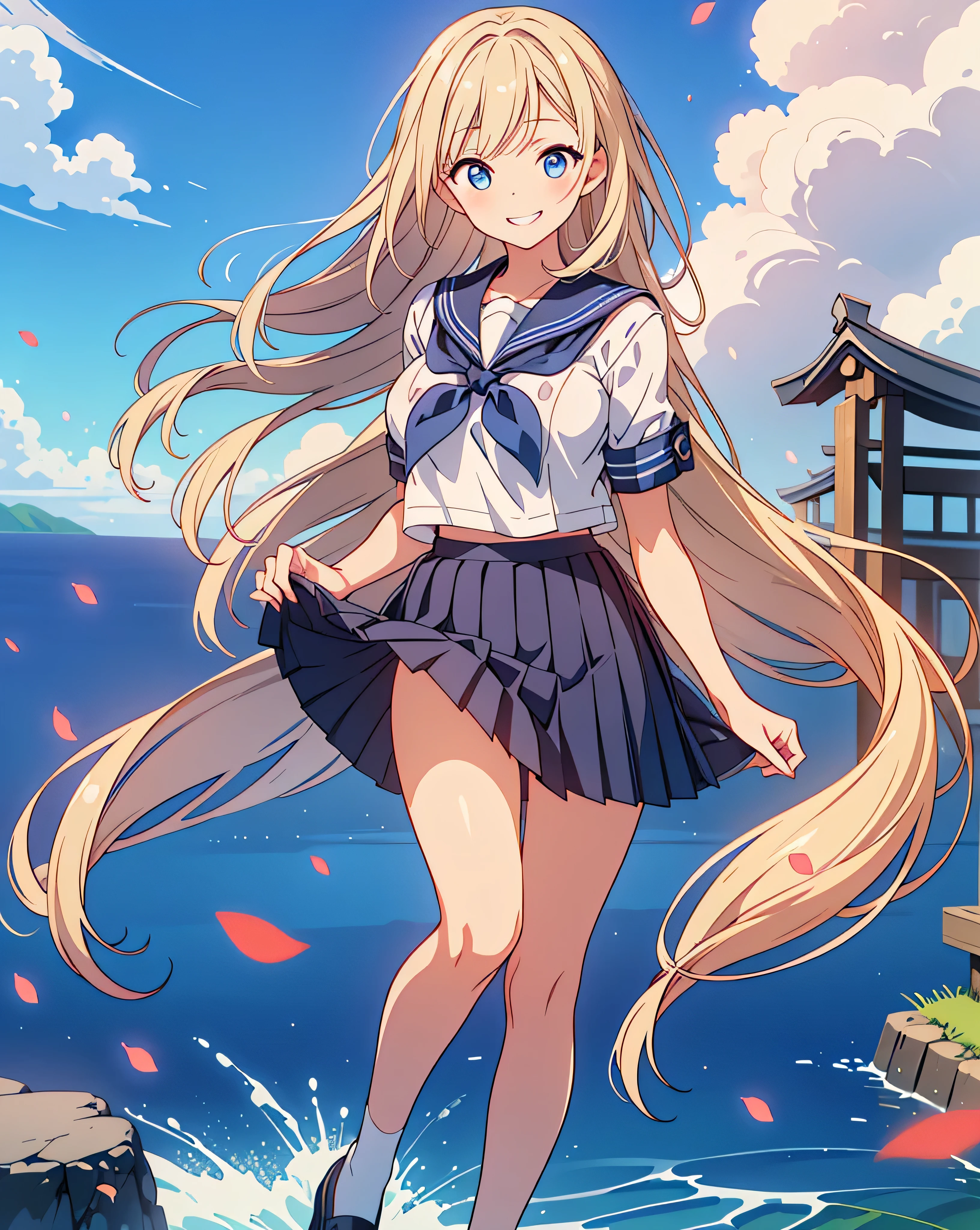 Highest quality, 32K, High resolution, masterpiece:1.5, A cute Japanese, Cute anime-style illustration, Rich emotional expression, An exceptionally beautiful face, , Perfect Human ???????, Big light blue eyes, Motherhood and generosity, Deep Love, Wake up, Expressing emotions, Have a rich imagination, Cute Japan, Perfect Human ???????, Magical big eyes, Motherhood and generosity, Deep Love, ((A mischievous smile:1.6)), Shiny Blonde, Super long straight silk hair swaying in the wind, Asymmetrical bangs, Hair between the eyes, Transparent, soft white skin, Sharp eyebrows, Thin lashes, Natural Makeup, Cheek highlighter, Detailed and cute lips, (Short-sleeved sailor uniform:1.3), ((Navy blue pleated skirt:1.2)), Slim figure with ample breasts, Beautifully detailed skies, ((Vibrant petal effect:1.2)), mysterious