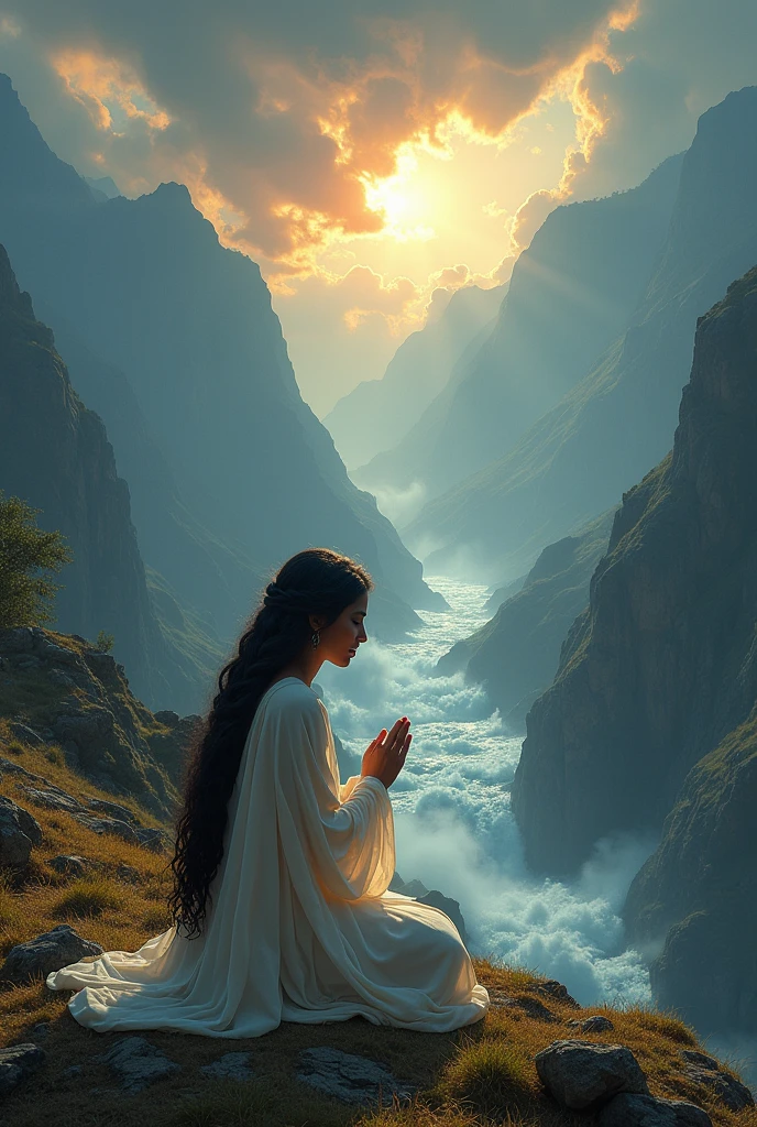 An indian beautiful young women wearing white saree with long thick black hair braided upto her waist and her covered with veil praying to God on her knees where Jesus in Hebrew dress attire sitting beside her on the chair and consoling the young girl in the wilderness mountain view and rivers flowing in a fierce firy atmosphere with a background of clouds shining with thunders naturally occurring