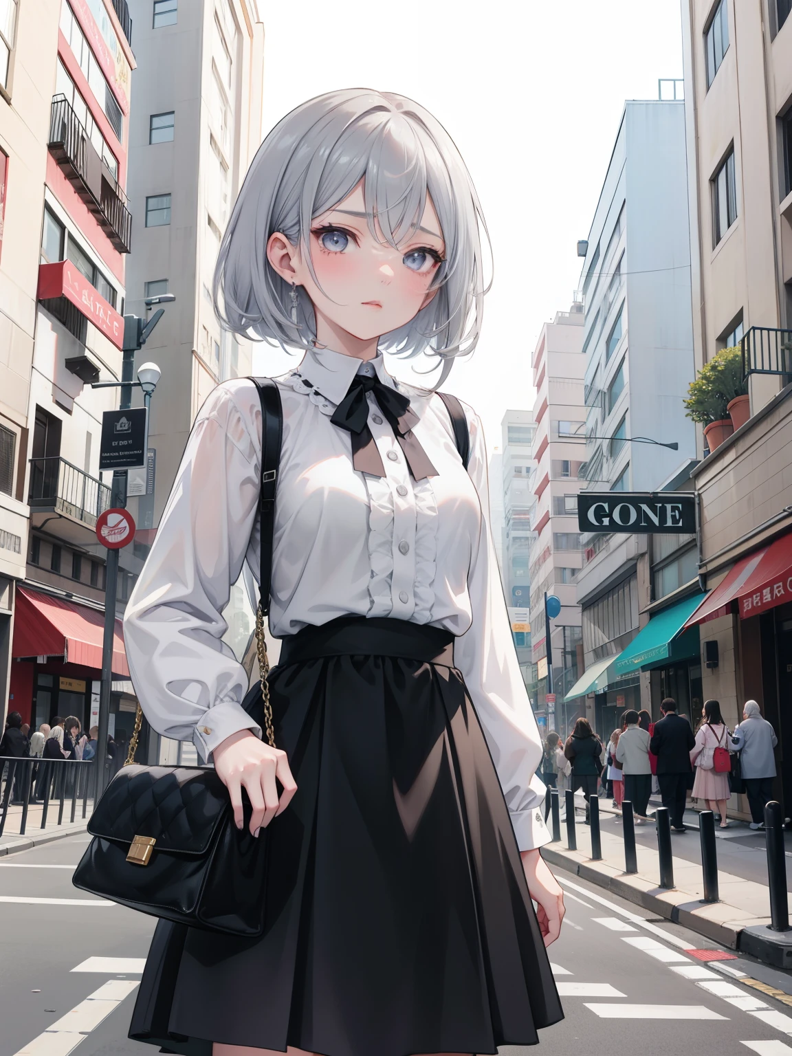 A pensive girl with striking grey eyes, grey hair, woman in a skirt and blouse standing on a street corner, standing in a city center, anime visual of a cute girl, cute anime waifu in a nice dress, an anime girl, young anime girl, (looking at viewer), A pensive girl with striking grey eyes, furrowed brow, intricate facial details, highly detailed, 8K, masterpiece, emotional portrait
