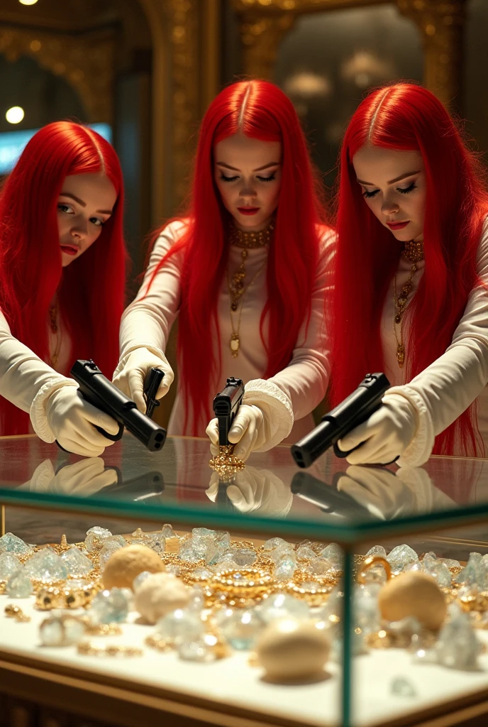 3 famme qui porte une perruque de cheveux roux Lons et qui porte des gants blan jetable et Lons avec masque qui font un braquage dans une bijouterie qui brise la vitrine pour ramses les bijoux avec des pistolet
