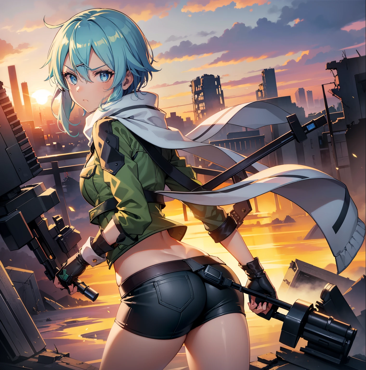 ((1girl)),((alone)),sinon asada, (Hatarsku maou sama),(masterpiece), (best quality), (ultra detailed), (best illustration), (best shadow), (absurdities), sharp focus, cowboy shot, atmospheric perspective, depth of field, dynamic posture looking at viewer, medium breasts, narrow waist, wide hips, wide thighs, round butt, erotic, romantic, (very detailed eyes, 1.1 lips), very detailed, eyes, Very detailed face, Very beautiful face, Symmetrical face, Aesthetic face, perfect face, perfect eyes, detailed eyelashes: 1.5), full height, beautiful slim figure, femininity, expressive appearance, elastic medium breasts, sexuality, half-open lips ,scarf, short hair, pale blue hair, indigo eyes, fingerless gloves, long sleeves, shorts, hair ornament, hair clip, green socks, green jacket, thigh strap, cowboy shot, gun, sniper rifle, ,curves, defined body,Perfect and beautiful body, perfect and beautiful, closed mouth, serious expression, frown, (sexy pose: 1.2), ((only)), standing: 1.3,((exterior,flat,ruins,city destroyed,war field,grass,clouds, sunset)),looking back,from behind,((focus on butt)), point of view:(from middle), perfect anatomy, perfect hands