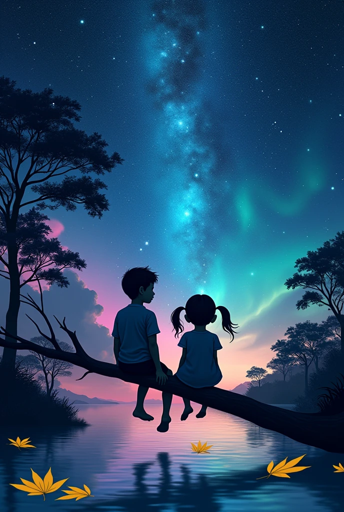 Animate 8k quality pictures of a boy and a girl setting on the branche at  night looking at the moon the sky in neon in colour the sky has stars which are clear and high quality and Infront there is water which are clear and quality which the leaves which a yellow in colour float on water