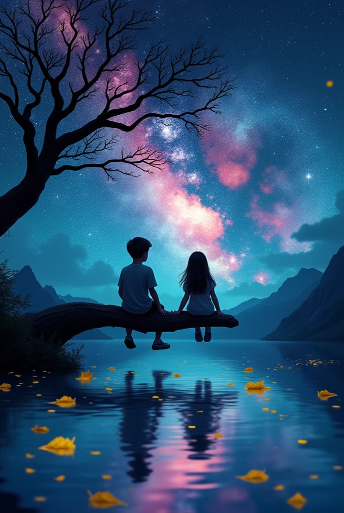 Animate 8k quality pictures of a boy and a girl setting on the branche at night looking at the moon the sky in neon in colour the sky has stars which are clear and high quality and Infront there is water which are clear and quality which the leaves which a yellow in colour float on water