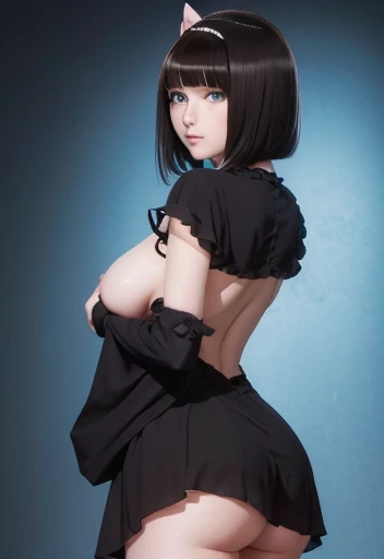 Cute girl display, full body 1.2 slender big oppai nsfw brunette blue eyes black and black hair in high resolution wallpaper legs spread, beautiful and perfectly detailed face ,makeup gothic