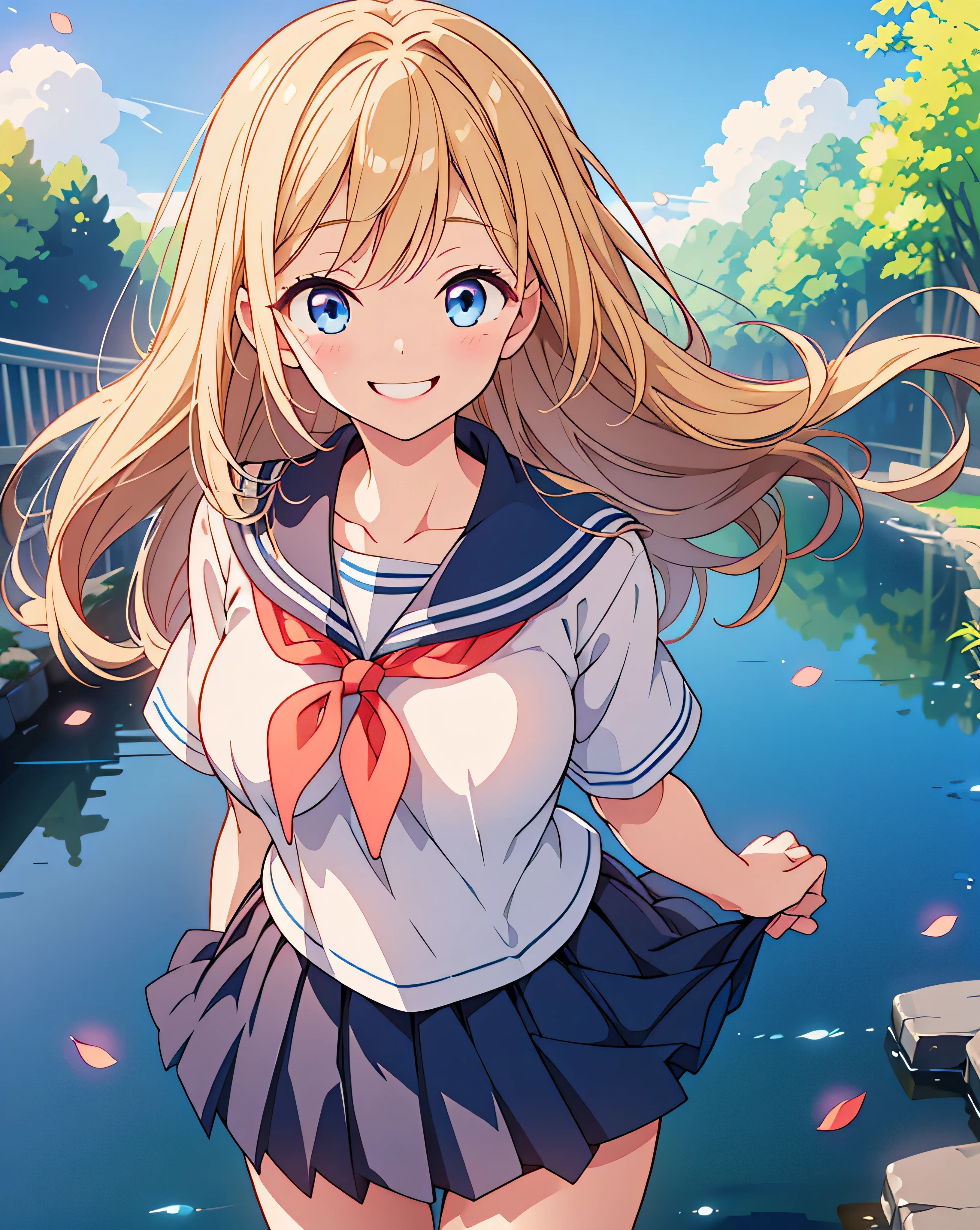 Highest quality, 32K, High resolution, masterpiece:1.5, A cute Japanese, Cute anime-style illustration, Rich emotional expression, An exceptionally beautiful face, , Perfect Human Anatomy, Big light blue eyes, Motherhood and generosity, Deep Love, Wake up, Expressing emotions, Have a rich imagination, Cute Japan, Perfect Human Anatomy, Magical big eyes, Motherhood and generosity, Deep Love, ((A mischievous smile:1.6)), Shiny Blonde, Super long straight silk hair swaying in the wind, Asymmetrical bangs, Hair between the eyes, Transparent, soft white skin, Sharp eyebrows, Thin lashes, Natural Makeup, Cheek highlighter, Detailed and cute lips, (Short-sleeved sailor uniform:1.3), ((Navy blue pleated skirt:1.1)), Slim figure with ample breasts, Beautifully detailed skies, ((Vibrant petal effect:1.2)), mysterious