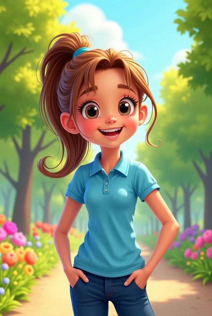 Cartoon girl in light blue polo shirt and dark blue pants
