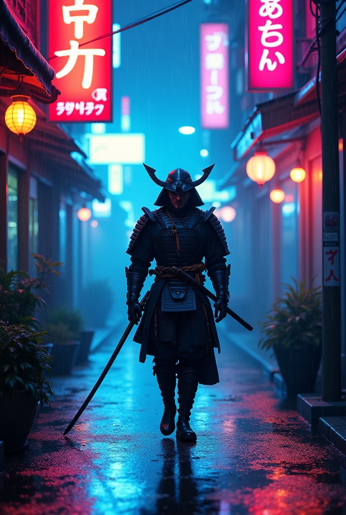 Modern Samurai in a Neon-lit Alley: A lone samurai with a futuristic twist, clad in a sleek, high-tech armor, walking down a dark, neon-lit alley in a cyberpunk city. The atmosphere is tense, with rain falling and steam rising from the ground."