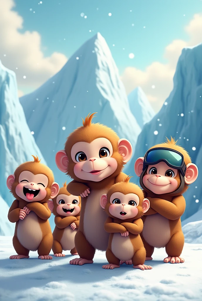 Make a picture of 4 female and 1 male monkeys. with brown fur and realistic anime design Looking for the camera using cold suits, artic background. Each one doing different poses or different gestures