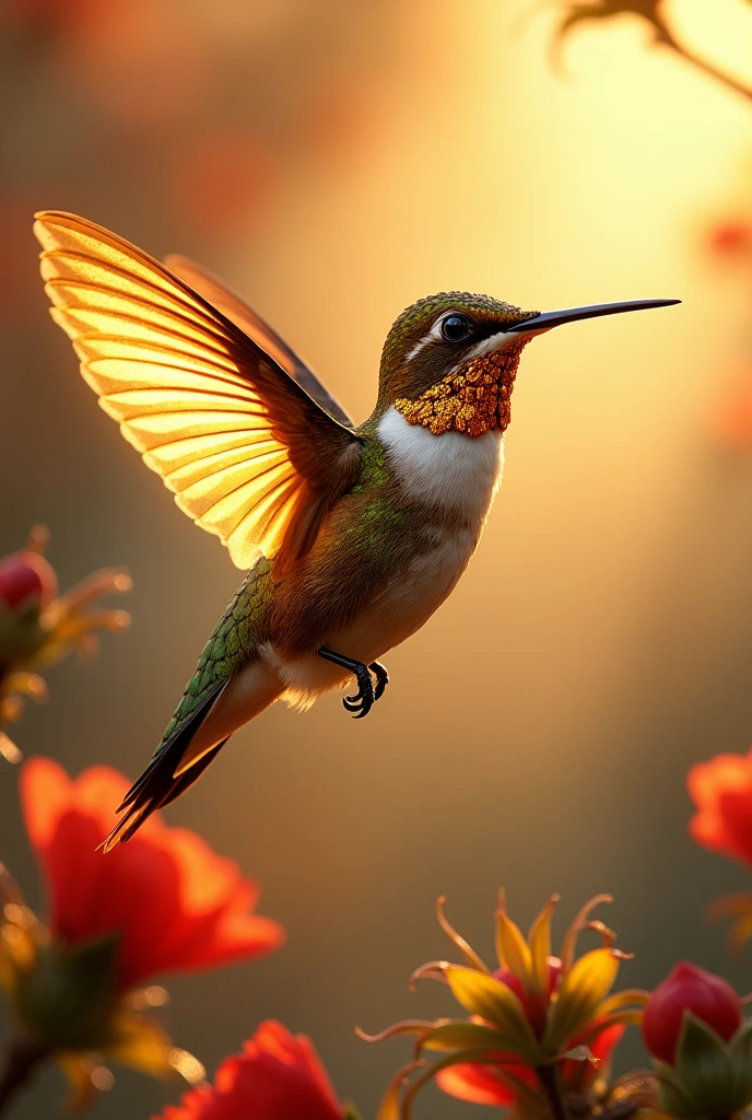 (Close-up of a majestic masterpiece:1.5)0.9], (Strong and united hummingbird:1.2), (Detailed golden armor:1.1), (Radiant light around the hummingbird:1.1), (Epic scenery symbolizing unity and determination:1.0)