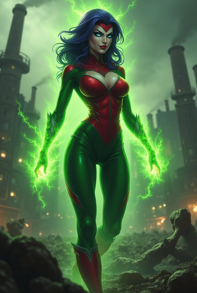 Dark purple haired villainess with magnetic powers, green energy flowing across her tight body, she is wearing a skintight red and green costume and destroying a factory. Blue eyes, glossy red lips. Evil smirk. Evil wins. Humans dying.