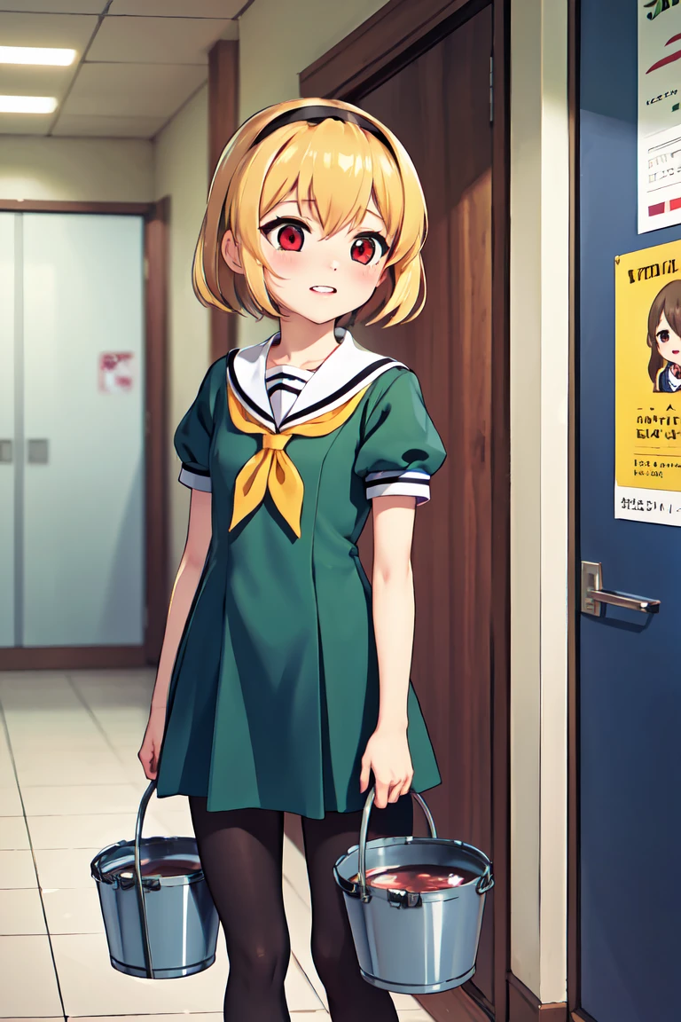 (bucket punishment), masterpiece,Highest quality,One person,Satoko Hojo,Blonde,short hair,hair band,Red eyes,tooth,Green Dress,White sailor collar,Yellow neckerchief,Short sleeve,Puff sleeves,Black Pantyhose,Flat Chest,Are standing, School, corridor