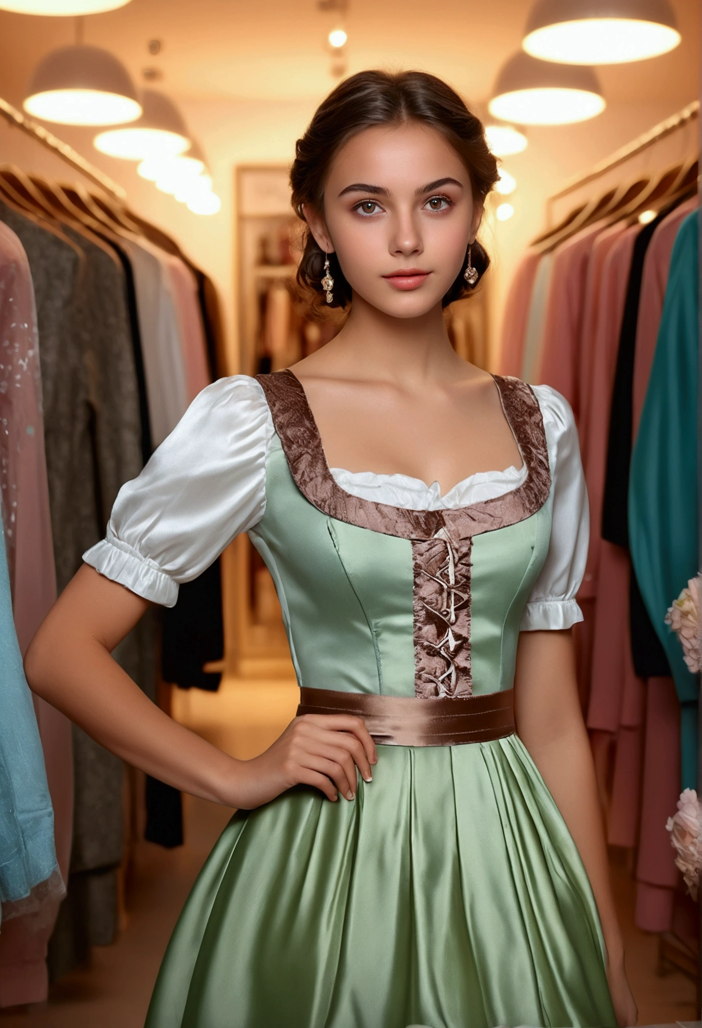 (masterpiece, best quality:1.5), highest quality, High resolution, super detailed, Realists, Full body photo of a young European brunette, detailed and beautiful brown eyes, very detailed eyes and face, longeyelashes, the young woman wears a short dirndl made of shiny satin, beautiful natural makeup, elegant and noble々Pose, Gardens as background, soft daylight, bright colors, fine brushstrokes, shiny fabric for clothing, beautiful color palette, glowing skin, First-class rendering, that captures every detail, enchanting atmosphere, subtle shadows and lights, (perfect anatomy:1.2), (The stunning young woman stands in a clothing store and is excited about the selection, browse through the clothes, (magnificent panorama view:1.2)