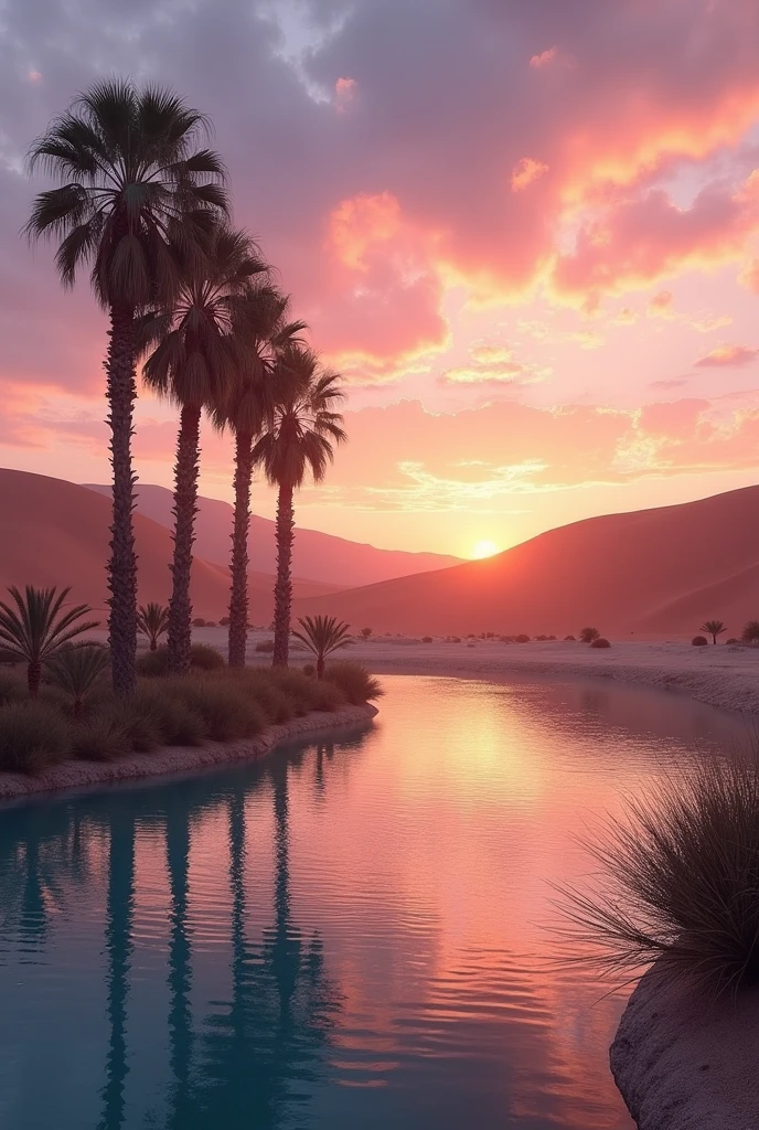 Golden Hour in a Dreamy Desert Oasis: A serene desert oasis at golden hour, with palm trees reflecting in a crystal-clear lake, surrounded by sand dunes that glow in soft, warm tones. The sky is painted with pastel shades of pink, orange, and purple."