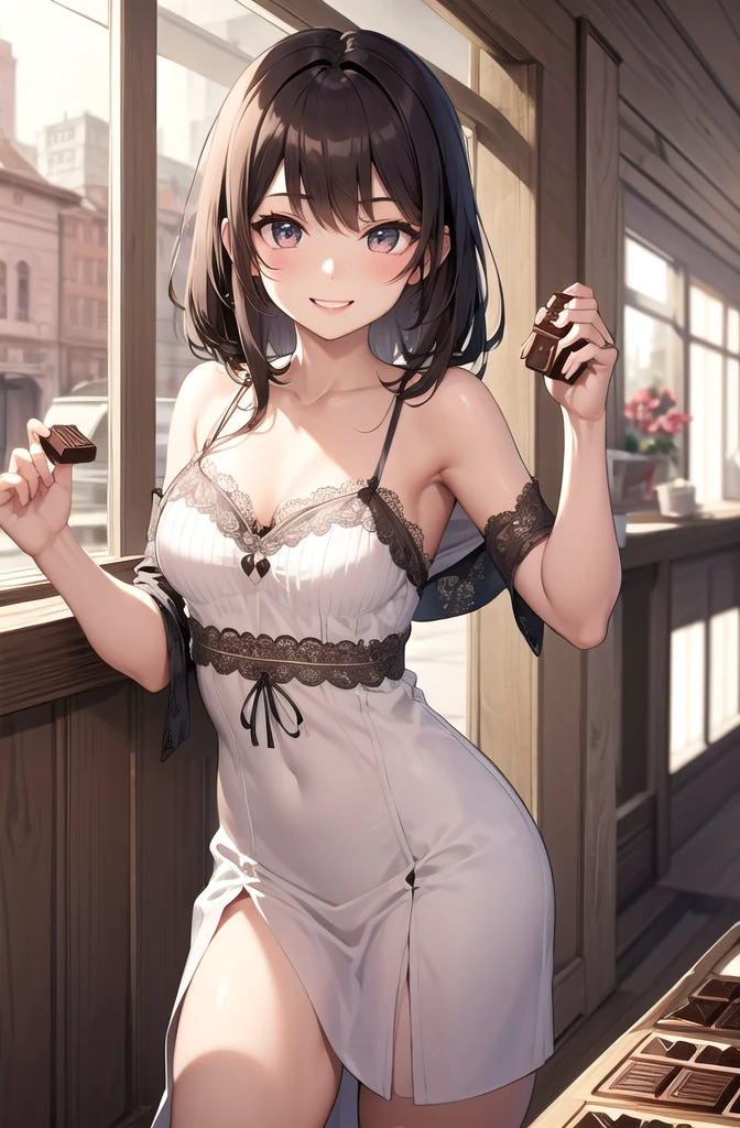 smile,female,chocolate,I hold it in my right hand,