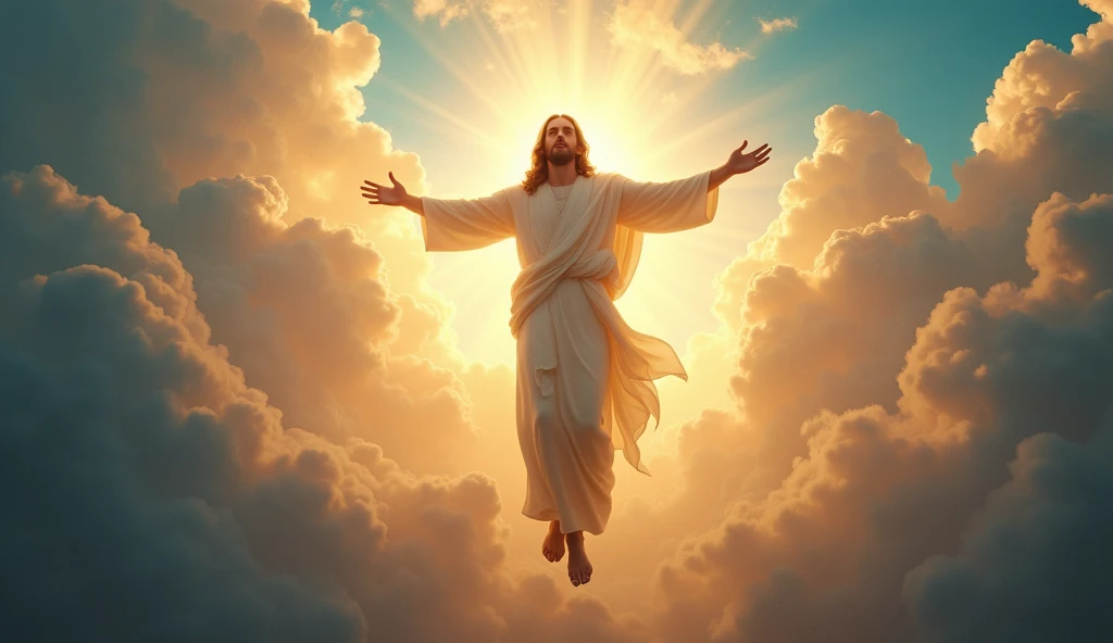 Jesus descending in the middle of the clouds, with an imposing appearance, with a heavenly radiance while the sky is open, and with angels arounded