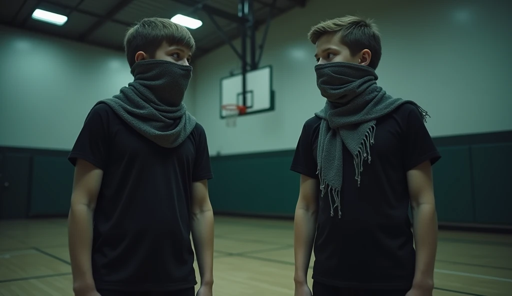 Two 13-year-old boys with a scary scarf on their face standing in a gym together in a scary and dark space, black t-shirt and shorts