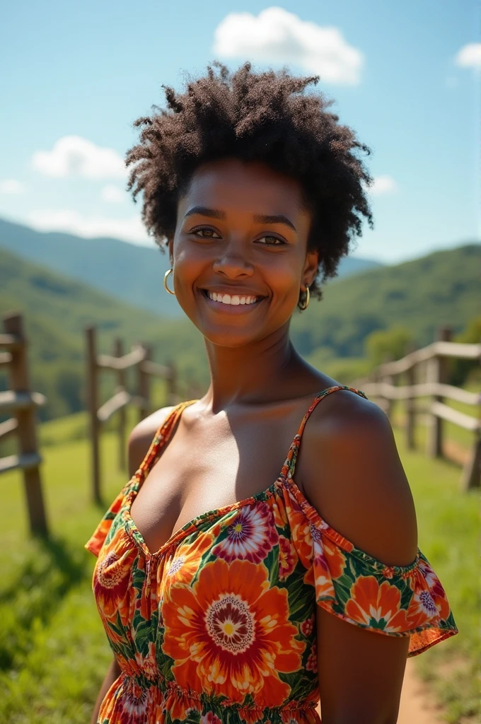 A brunette Brazilian country woman with short, dark, curly hair, dark brown eyes 