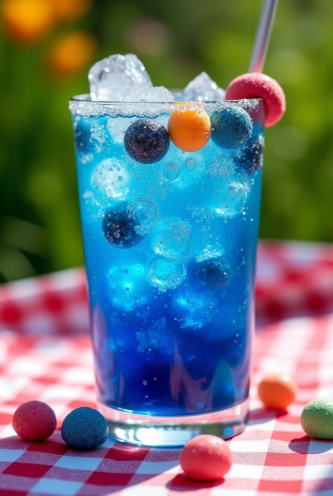 Michelado glass with blueberry soda and ice decorated with gumdrops 