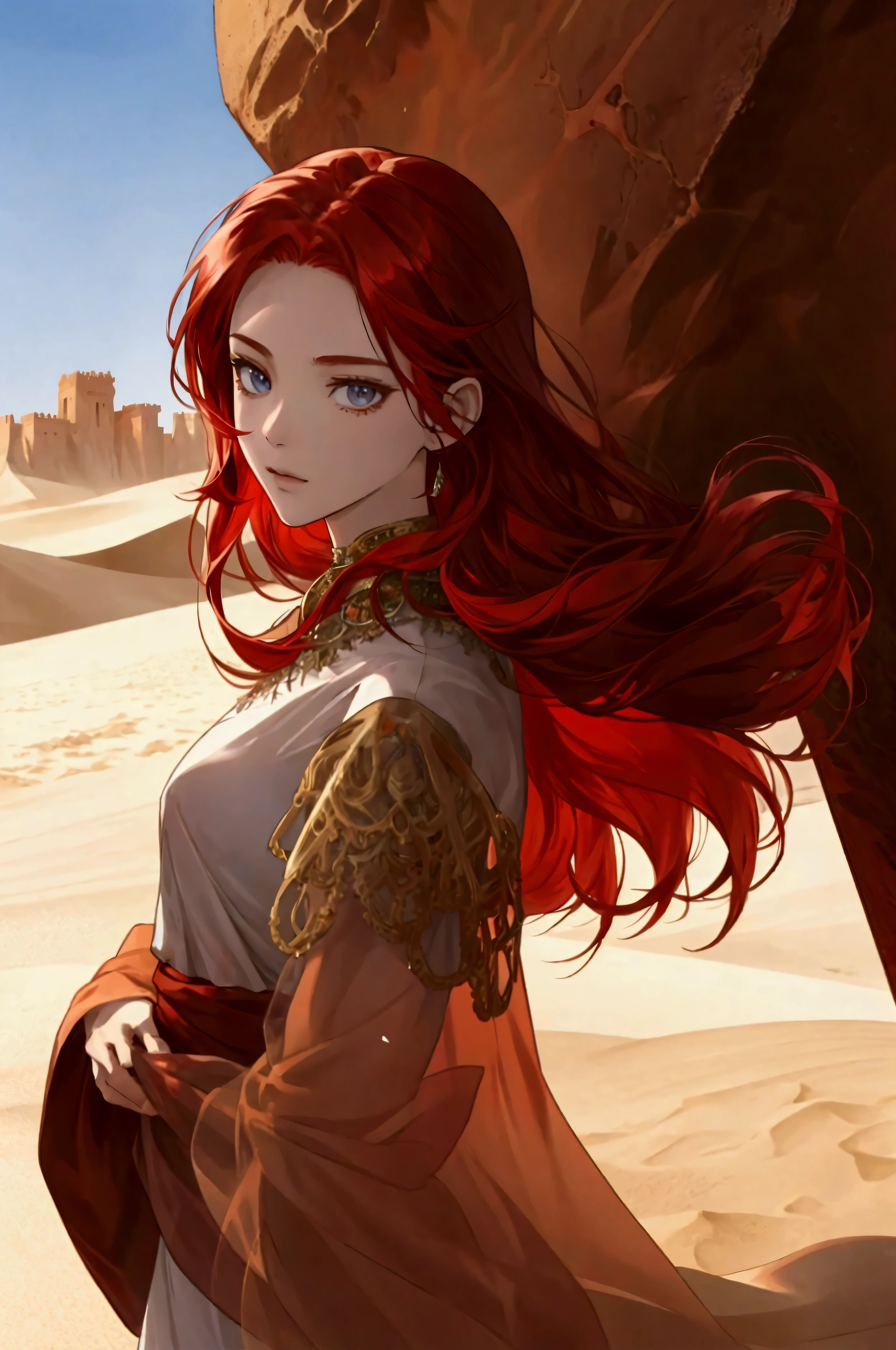 Red hair, Face Veiled, Desertngewänder, Arabic, Desert, Anime Style