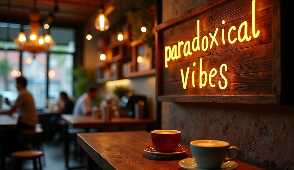 The words "paradoxicalvibes" written in large letters at the top of a coffee house, ((highest quality, Highest image quality, High resolution, photorealistic, Raw photo, 8K)), ((8k wallpaper)),
