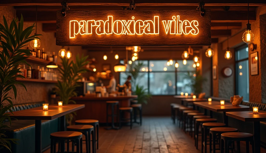 The words "paradoxicalvibes" written in large letters at the top of a coffee house, ((highest quality, Highest image quality, High resolution, photorealistic, Raw photo, 8K)), ((8k wallpaper)),