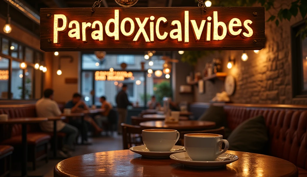 The words "paradoxicalvibes" written in large letters at the top of a coffee house, ((highest quality, Highest image quality, High resolution, photorealistic, Raw photo, 8K)), ((8k wallpaper)),