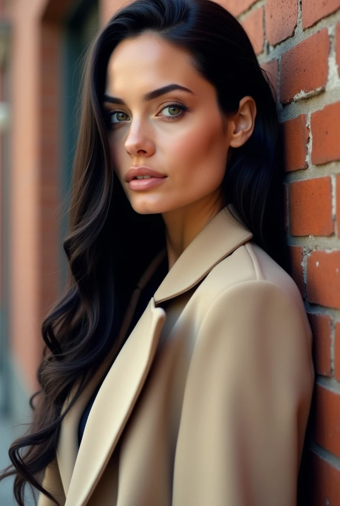Woman with very long, straight black hair, with dark green eyes, skin tanned, look like Angelina Jolie, with bangs and wearing a beige overcoat, Youngh, with a brick wall behind 
