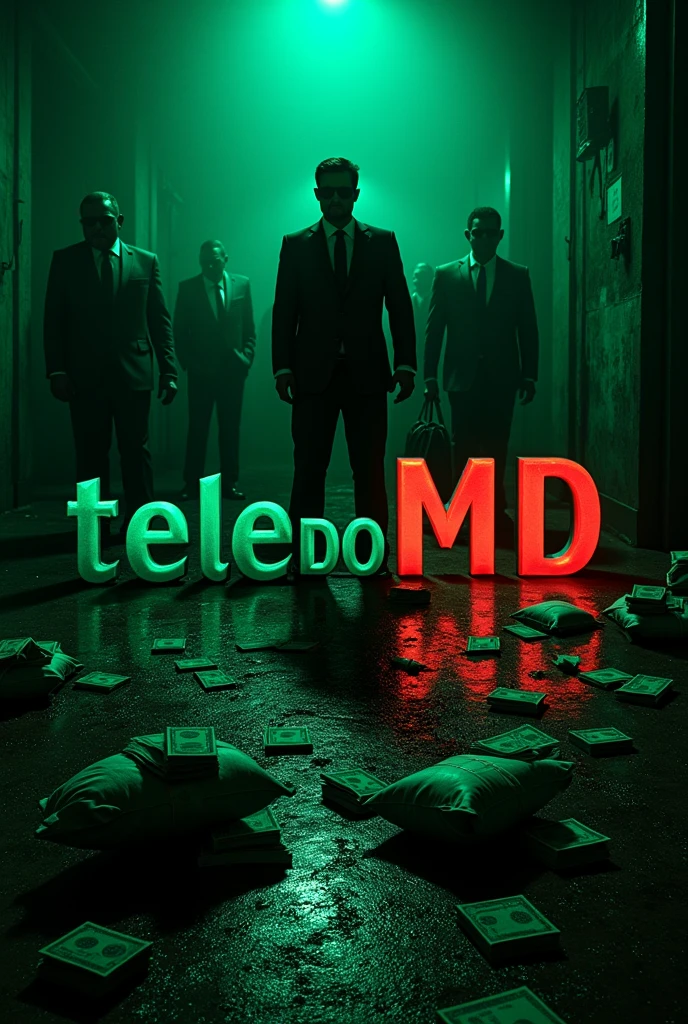 Create a written logo "tele do MD , always with the best products, from Sunday to Sunday , green top 50,00 , Px top 50,00" with mobsters and drugs in the background