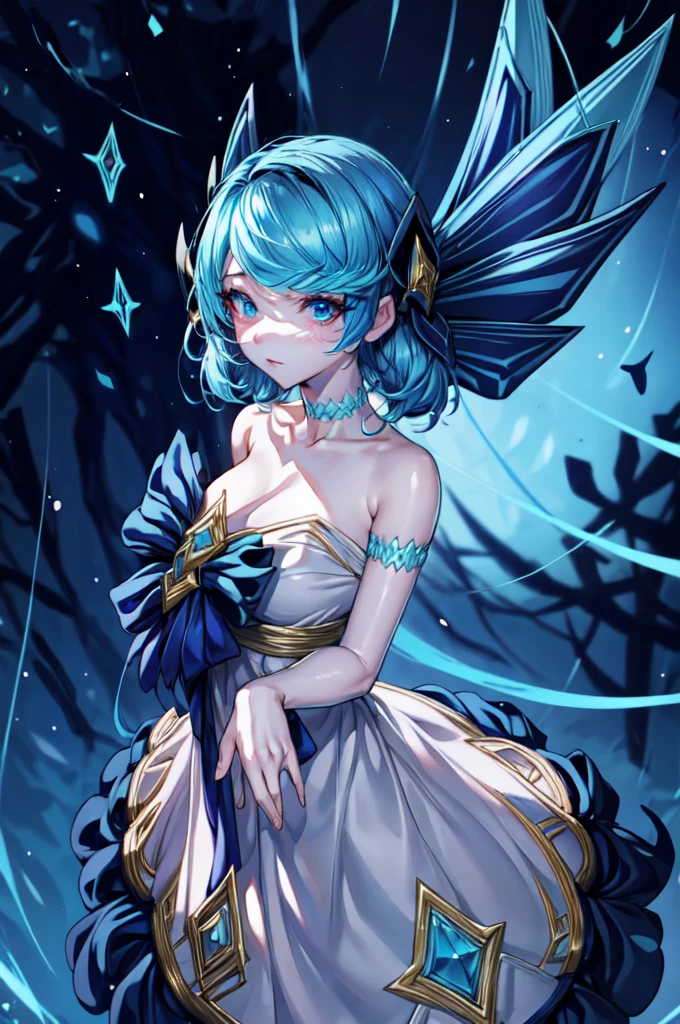 gorgeous anime fairy, in a dark forest, gwen from league of legends, gorgeous blue and white sensual gala dress, sensual pose