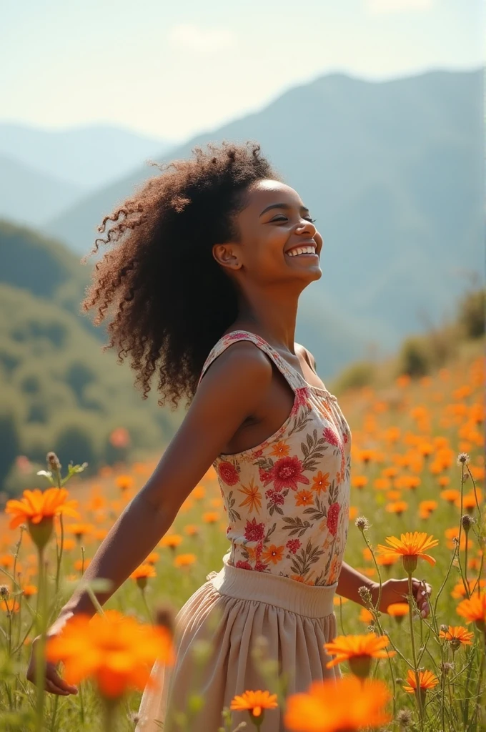 strong girl , by the laugh , brown skin color