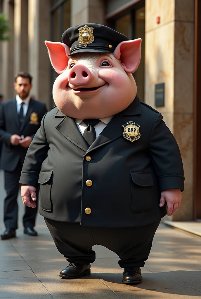Make me a pig dressed as a security guard, that is at the entrance of a Bank and that has the initials BNP and that is checking another person