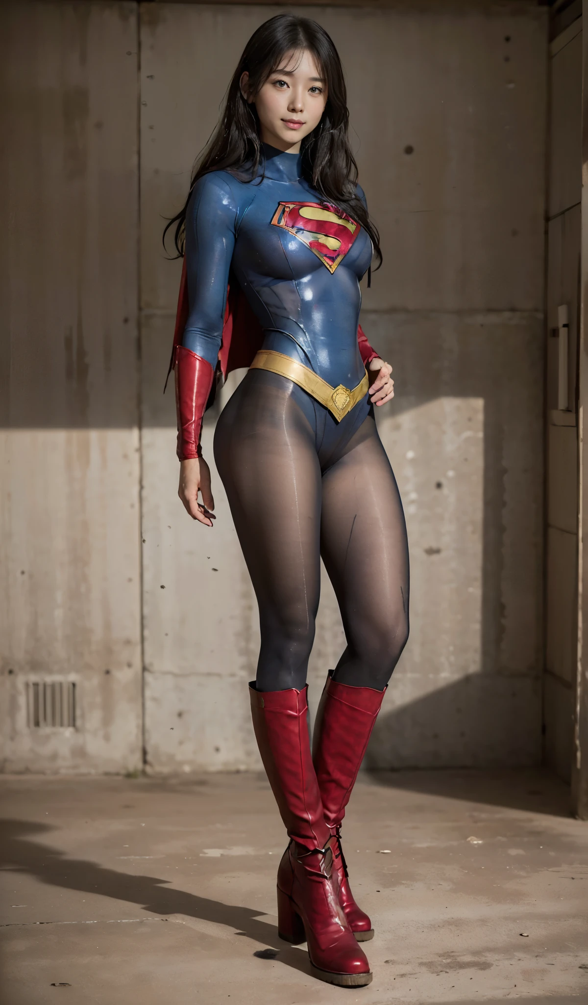 No background、(((Beautiful legs in black tights.)))、(((Legally express the beauty of your smile)))、((((Make the most of your original images)))、(((Supergirl Costume)))、(((Beautiful Hair)))、(((suffering)))、(((Please wear black tights....、Wear red boots)))、((Best image quality、8k))、((Highest quality、8k、masterpiece:1.3))、(((Preserve background )))、Sharp focus:1.2、Beautiful woman with perfect figure:1.4、Slim Abs:1.2、Wet body:1.5、Highly detailed face and skin texture、8k