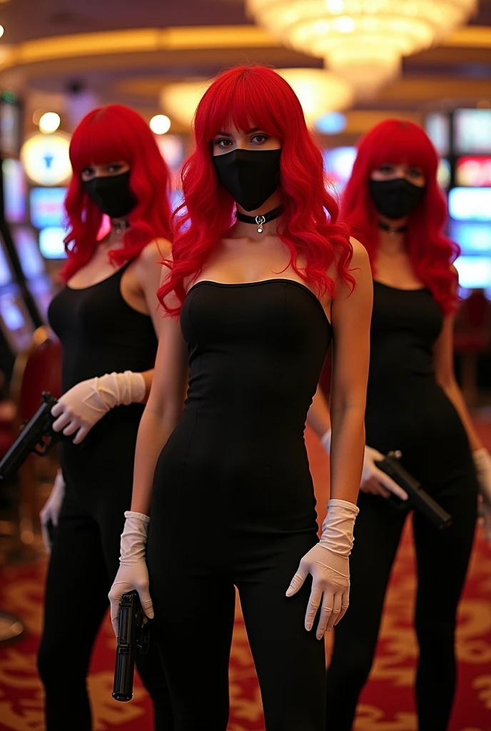 3 women wearing a red hair wig Lons and wearing white leather gloves and Lons with a mask and wearing a tight white leather outfit who hold up a casino and collect people's valuables with guns
