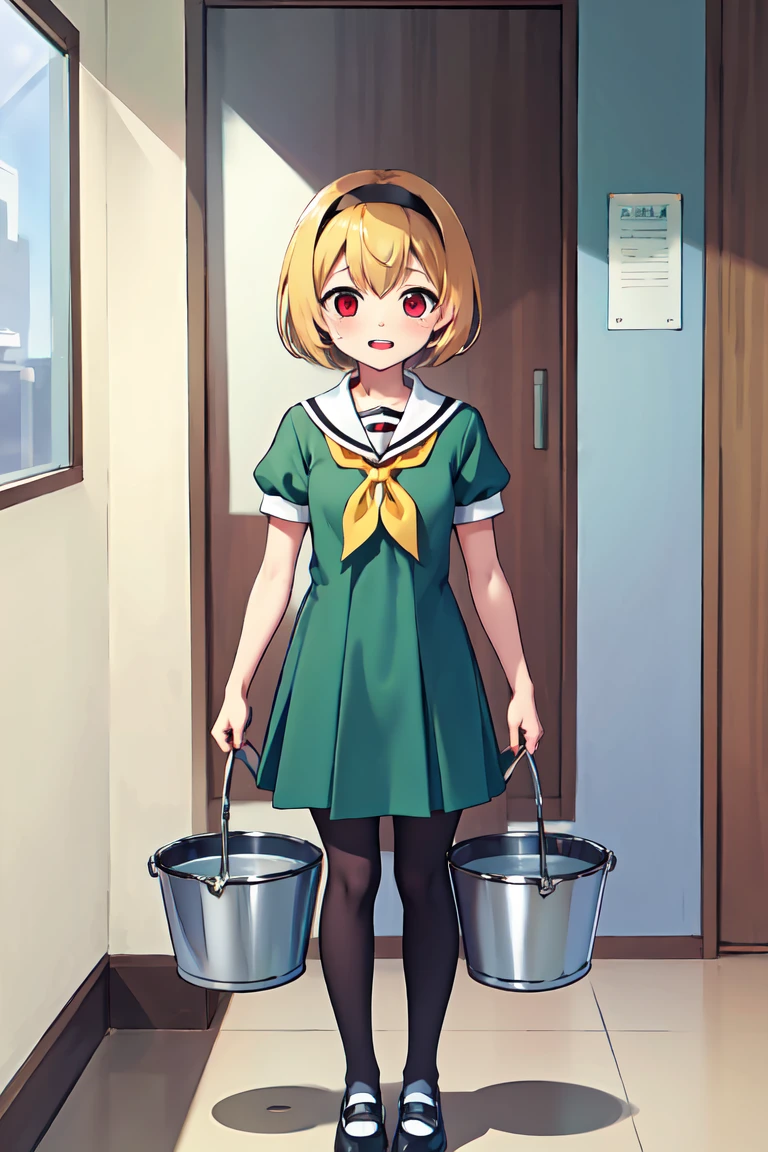 (bucket punishment), masterpiece,Highest quality,One person,Satoko Hojo,Blonde,short hair,hair band,Red eyes,tooth,Green Dress,White sailor collar,Yellow neckerchief,Short sleeve,Puff sleeves,Black Pantyhose,Flat Chest,Are standing, School, corridor