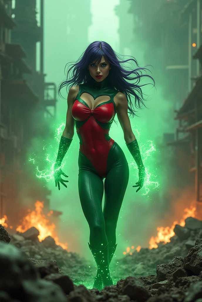 Dark purple haired villainess with magnetic powers, green energy flowing across her tight body, she is wearing a skintight red and green costume and destroying a factory. Blue eyes, glossy red lips. Evil smirk. Evil wins. Humans dying.