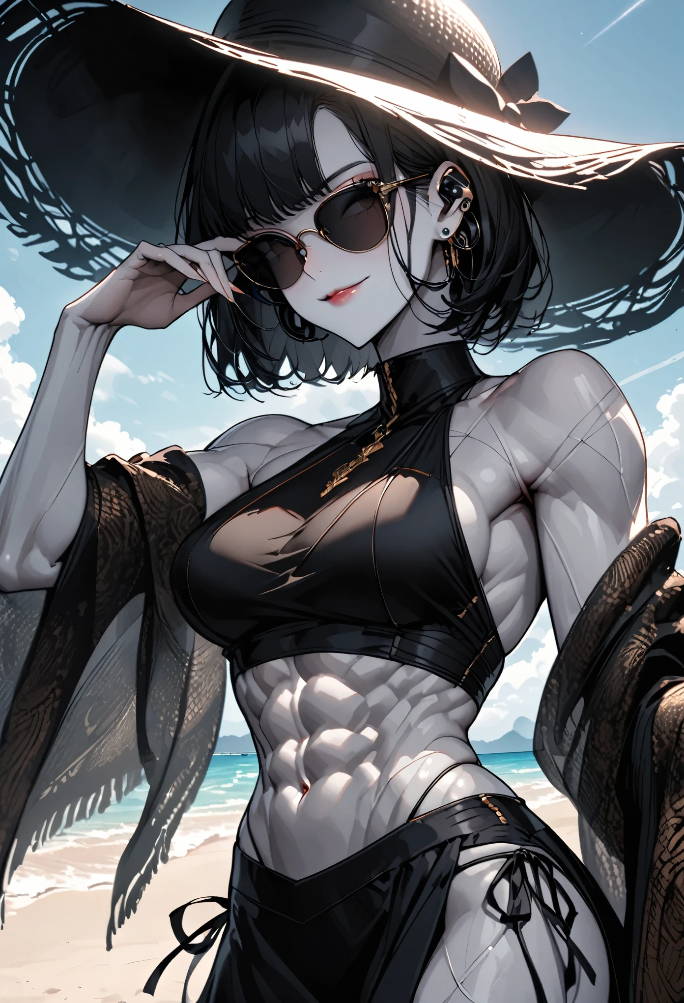 solo, female, tall, elegant, sunglasses, broad shoulders, pixie cut, black hair, pale skin, athletic, very tall, sober bikini, black clothes, small smile, luxurious beach, classy, professional, earpiece, muscular, cute pose, seams on skin, abs, shawl, sun hat, side-tie bikini skirt, pareo, pinup pose