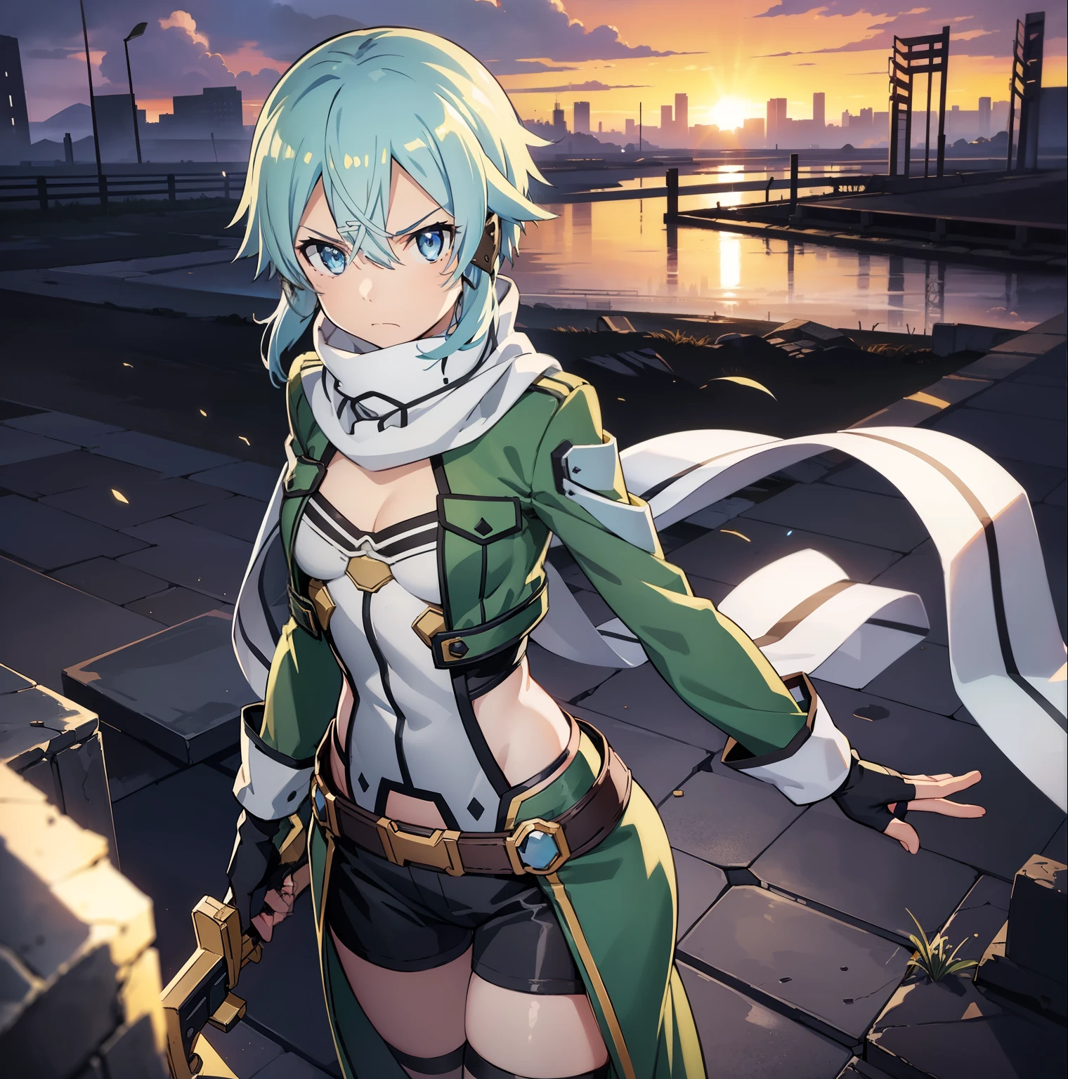 ((1girl)),((alone)),sinon asada, (sword art online),(masterpiece), (best quality), (ultra detailed), (best illustration), (best shadow), (absurdities), sharp focus, cowboy shot, atmospheric perspective, depth of field, dynamic posture looking at viewer, medium breasts, narrow waist, wide hips, wide thighs, round butt, erotic, romantic, (very detailed eyes, 1.1 lips), very detailed, eyes, Very detailed face, Very beautiful face, Symmetrical face, Aesthetic face, perfect face, perfect eyes, detailed eyelashes: 1.5), full height, beautiful slim figure, femininity, expressive appearance, elastic medium breasts, sexuality, half-open lips ,scarf, short hair, pale blue hair, indigo eyes, fingerless gloves, long sleeves, shorts, hair ornament, hair clip, green socks, green jacket, thigh strap, cowboy shot, gun, sniper rifle, ,curves, defined body,Perfect and beautiful body, perfect and beautiful, closed mouth, serious expression, frowning face, (sexy pose: 1.2), ((only)), standing: 1.3,((exterior,plain,ruins,city destroyed,war field,grass,clouds, sunset)),looking forward,((focus on breasts)), point of view:(from above), perfect anatomy, perfect hands